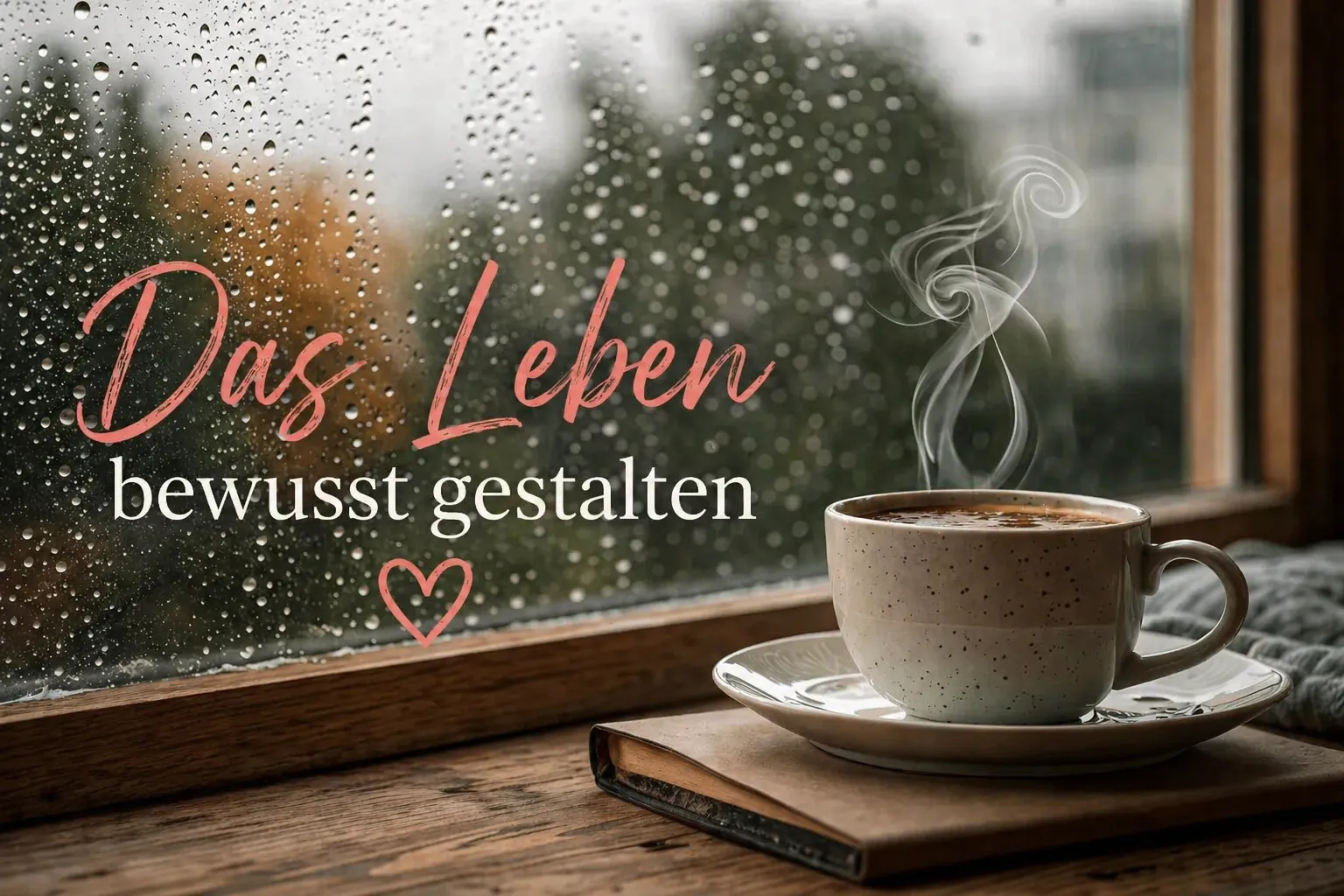 KI-generiertes Bild: ruhiger Moment mit Kaffee am Fenster an einem regnerischen Tag – bewusst leben im Alltag